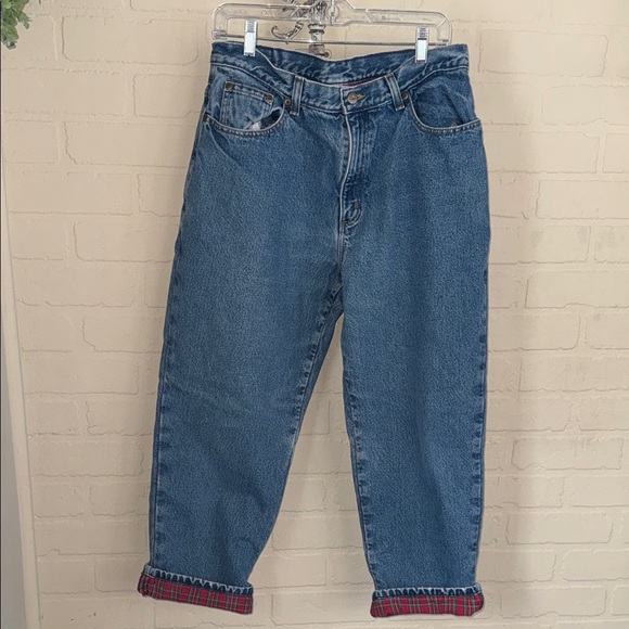 LL Bean jean Blue Denim lined Red Plaid flannel Cabincore 16 petite mom Jeans - Picture 2 of 8
